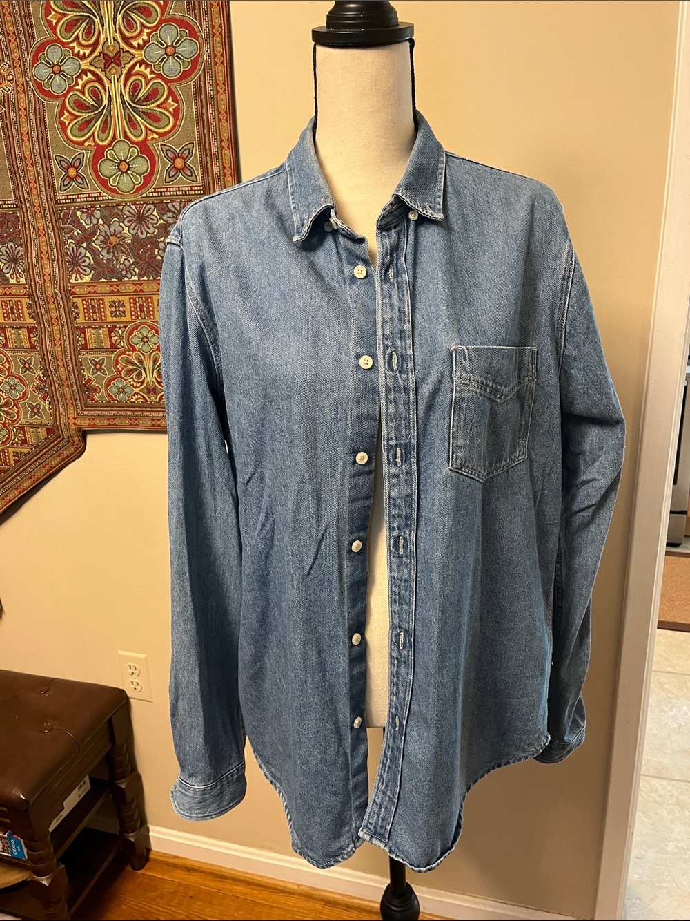 Zara Light Blue Denim Button-Down Shirt, slim fit, medium, washed denim